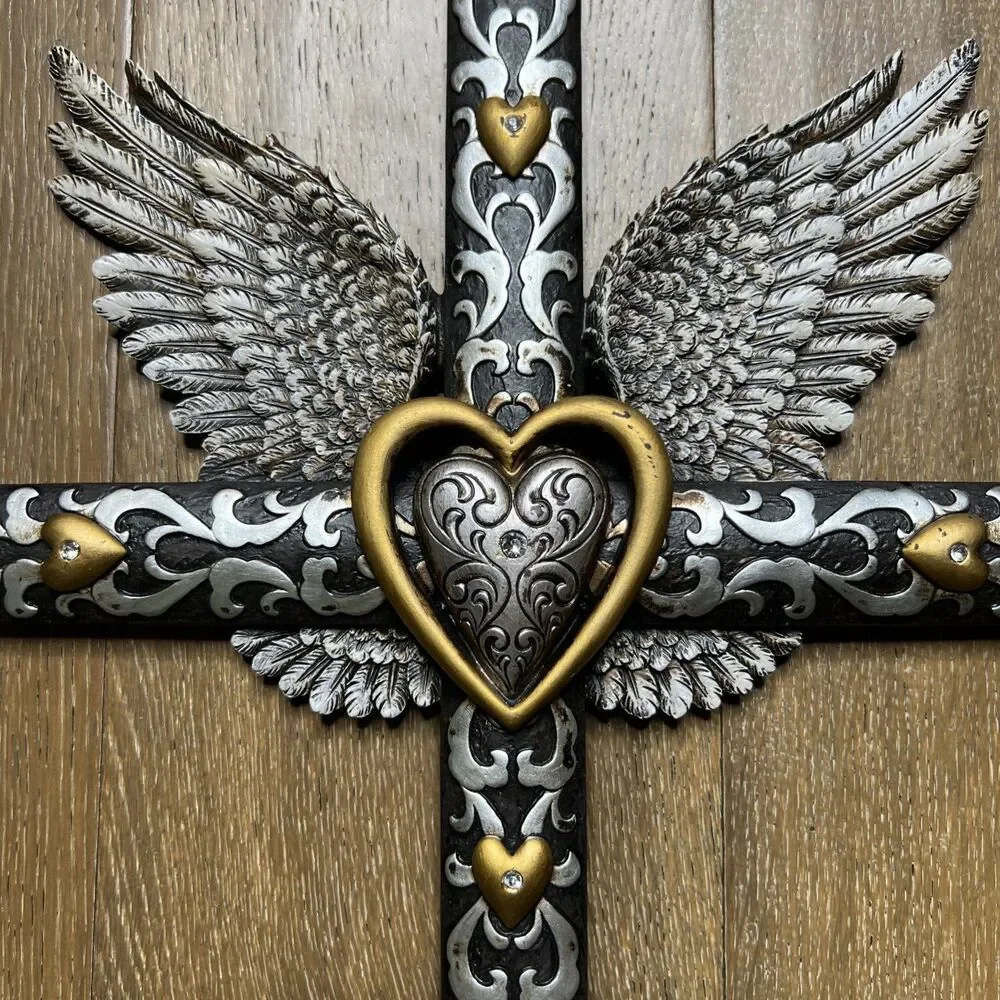 Angel Wings Cross Wall Hanging Resin Silver Gold Spiritual Religious Decor 20